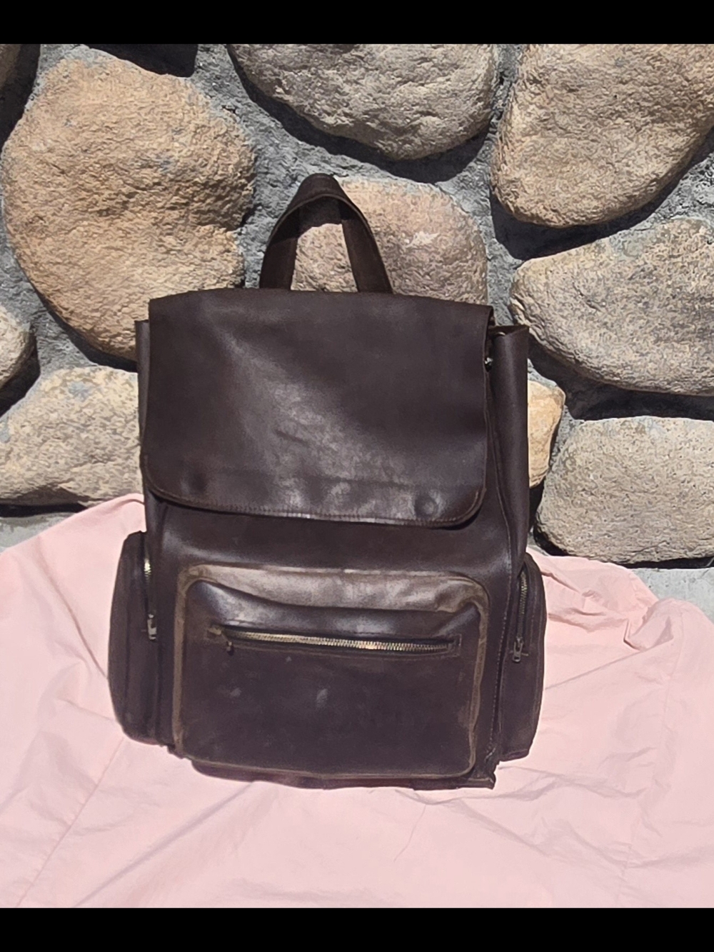 Vintage Style Brown Leather Backpack Distressed Rucksack Flap Front Side Pouches